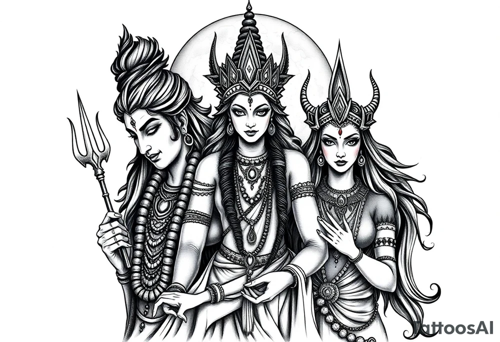 Lord Shiva, Godess Kali, Godess Lilith Together with the moon in the background tattoo idea