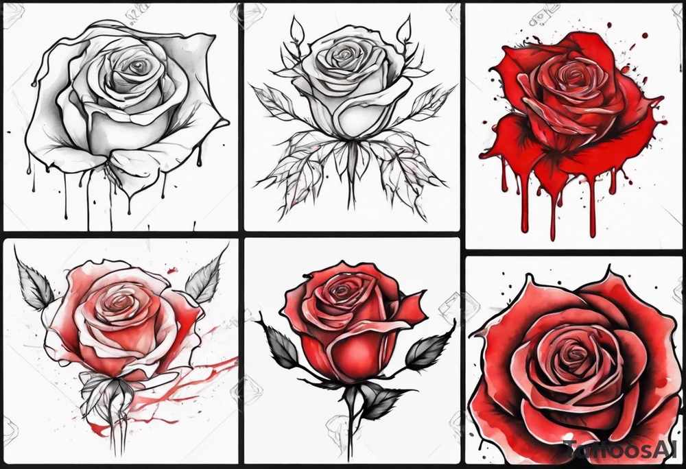 rose flower, one line, red blood dripping from the flower, tall, watercolor tattoo idea