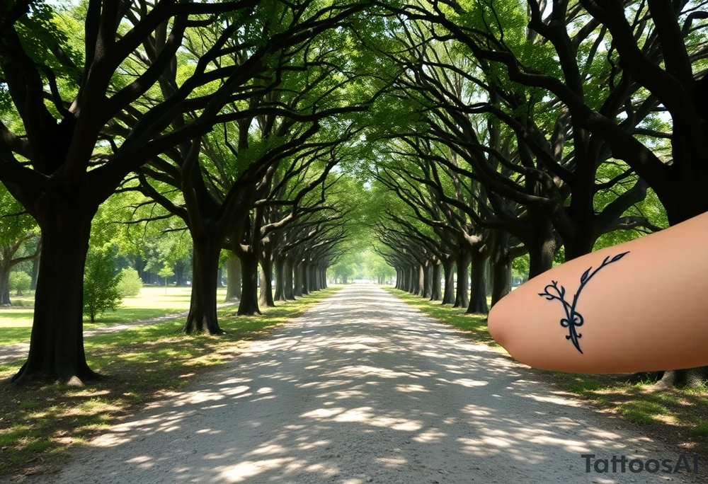 Tree lined dirt road. Road is rough, not smooth. Trees are oak, lining the road unevenly, tight so little light gets through. Branches arch across the road, some meeting in the middle. Dappled sunlight where it hits. Road gets smaller in the distance. Display tattoo on upper arm. tattoo idea