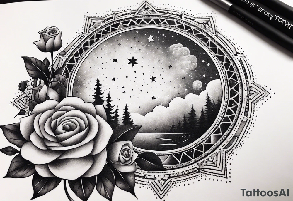 Tesseract with clouds and small roses and stars around it tattoo idea