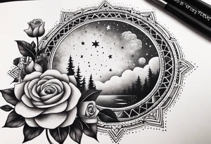 Tesseract with clouds and small roses and stars around it tattoo idea