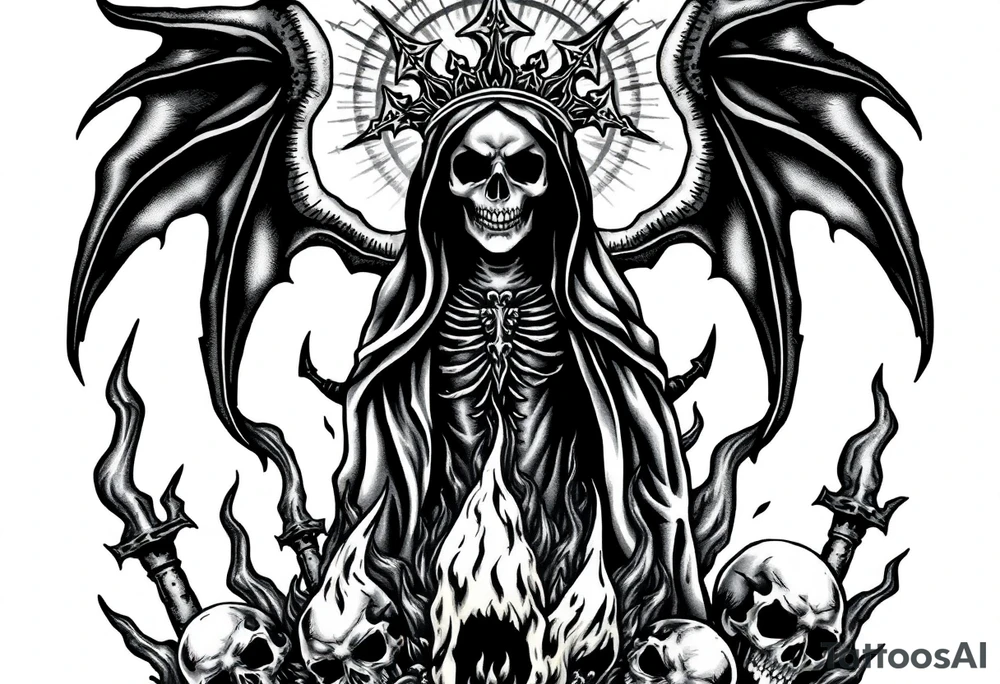 Powerful and evil Santa muerte rising from the flames and ashes of hell, surrounded by unclaimed souls tattoo idea