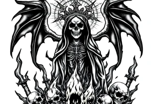 Powerful and evil Santa muerte rising from the flames and ashes of hell, surrounded by unclaimed souls tattoo idea
