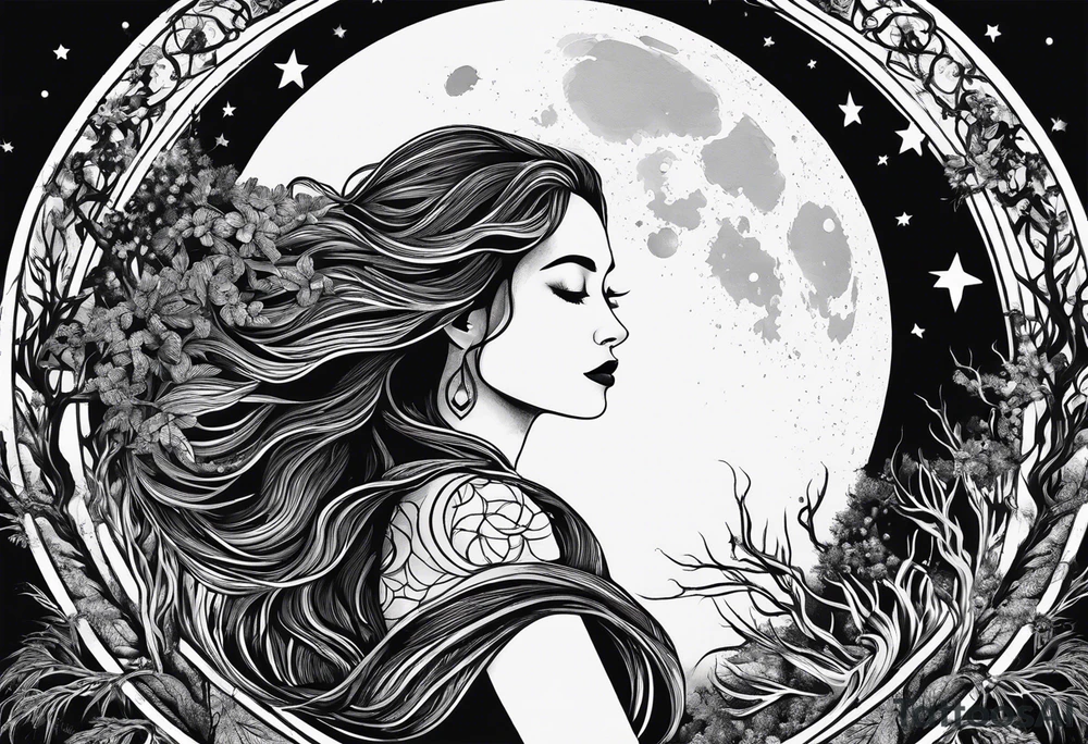 virgo sign made out of tree roots and woman in moon tattoo idea