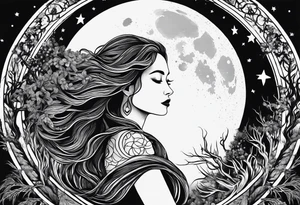 virgo sign made out of tree roots and woman in moon tattoo idea