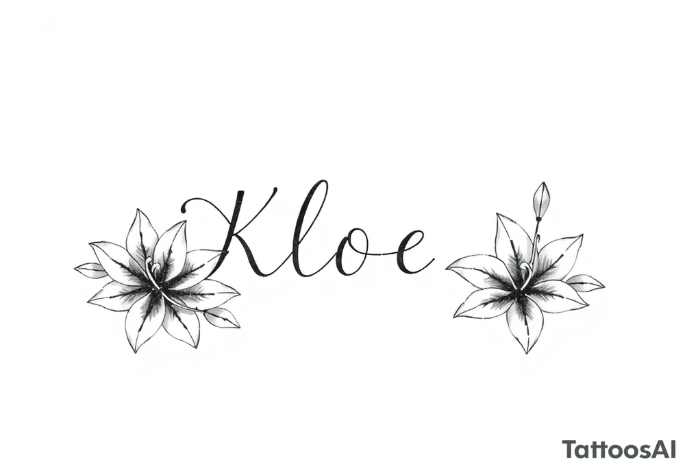 The word Kloee surrounded by lily flowers tattoo idea