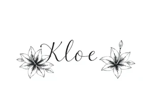 The word Kloee surrounded by lily flowers tattoo idea