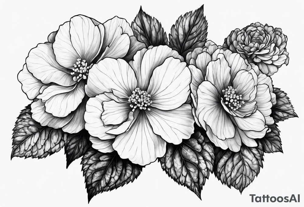 Begonia flower, hydrangeas, marigold tattoo idea