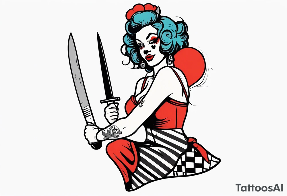 full body female pin up clown holding knife tattoo idea