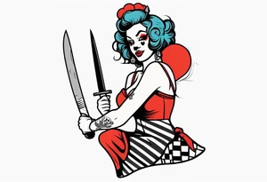 full body female pin up clown holding knife tattoo idea