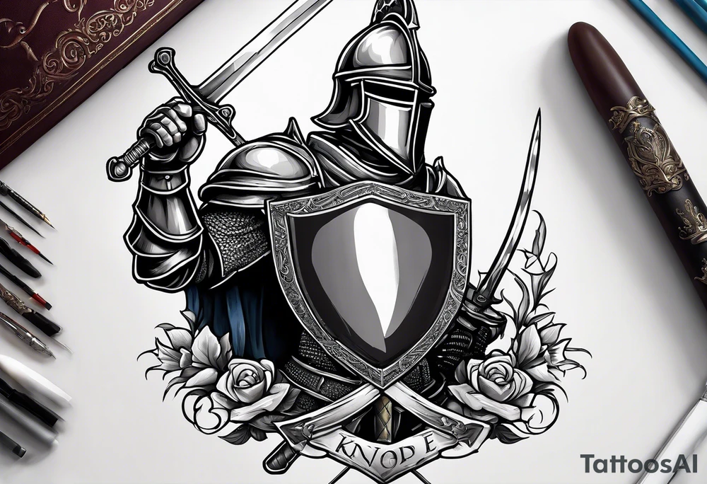 a knight pulling a sword out of an open bible tattoo idea