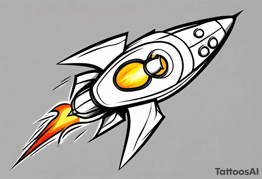 Super simple cartoon rocket ship with a round window, 3 fins, and fire coming out the bottom

Add some shading and detail to make less basic

Use green, yellow, silver. No red or blue. tattoo idea