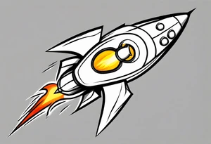 Super simple cartoon rocket ship with a round window, 3 fins, and fire coming out the bottom

Add some shading and detail to make less basic

Use green, yellow, silver. No red or blue. tattoo idea