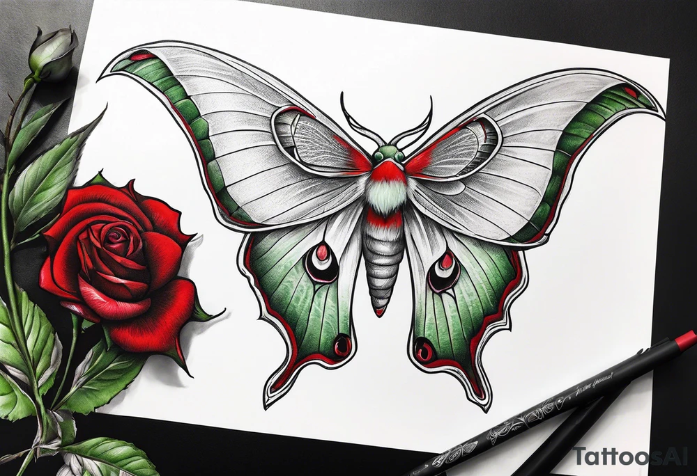 Luna moth three red roses tattoo idea