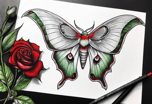 Luna moth three red roses tattoo idea