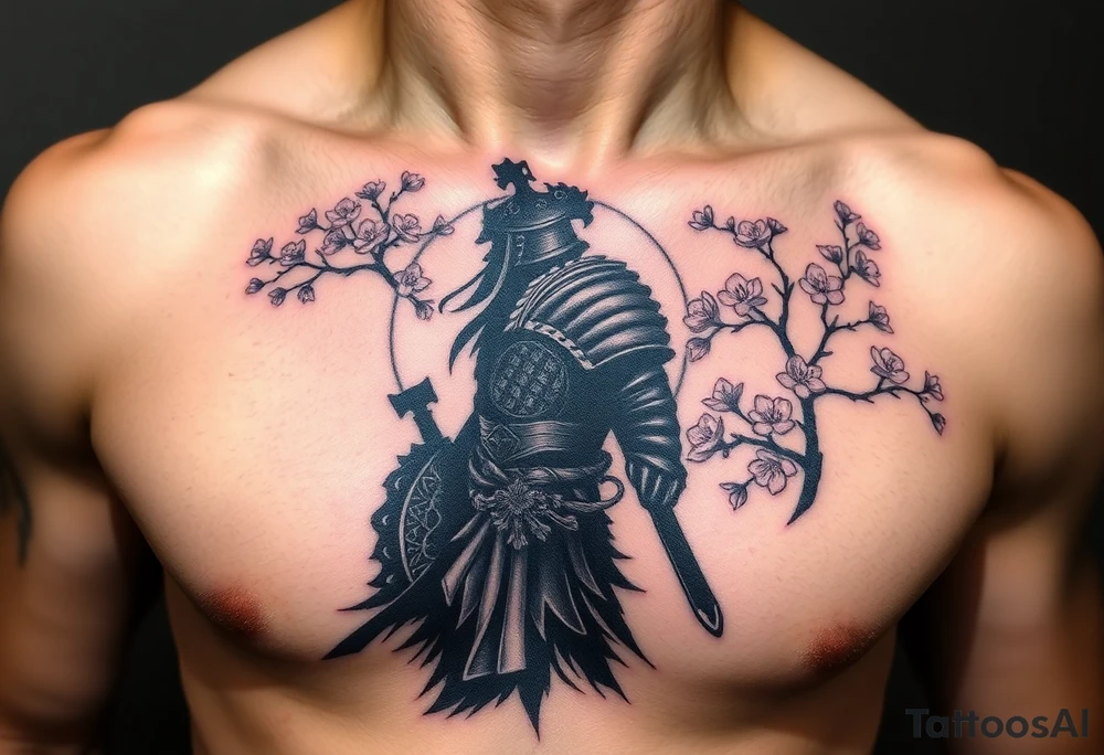 noble warrior silhouette at sunset with cherry blossoms tattoo idea