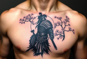 noble warrior silhouette at sunset with cherry blossoms tattoo idea