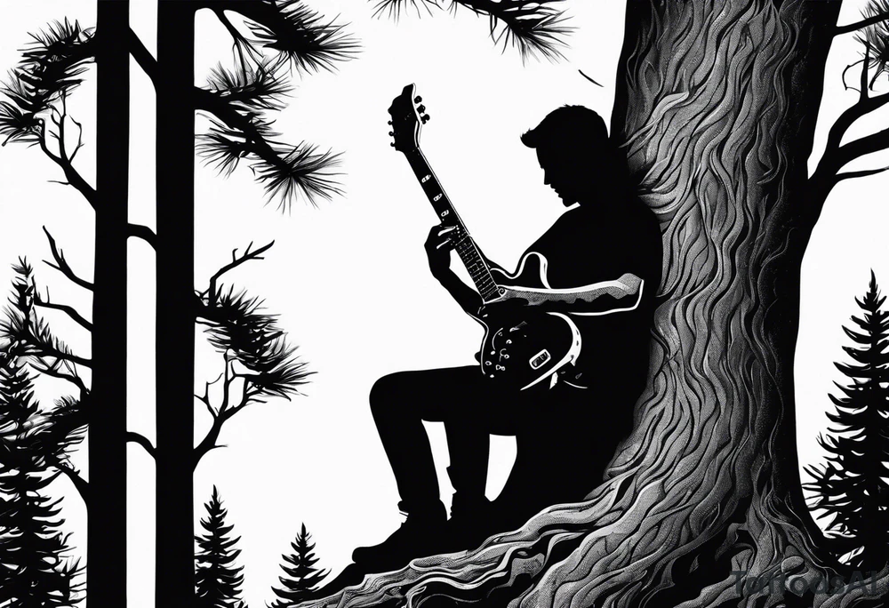 silhouette of a man playing electric guitar while sitting in a pine tree. tattoo idea