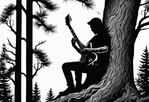 silhouette of a man playing electric guitar while sitting in a pine tree. tattoo idea