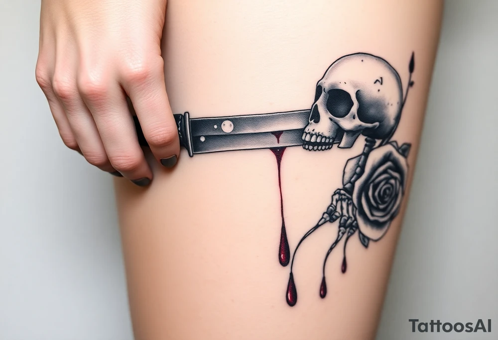 en el caos encontré mi forma favorita 
de amarte somos veneno y promesa.  Add around 

Woman’s hand reaching down grabbing blade handle, skeleton head on right under blade, rise on right under blade, blood dry from tip of blade, skeleton hand reaching for Blade tip. Just the hand and place above blade handle reaching for handle. Skull and rose underneath blade. Just the skeleton hand reaching for tip of knife which is dripping blood. tattoo idea