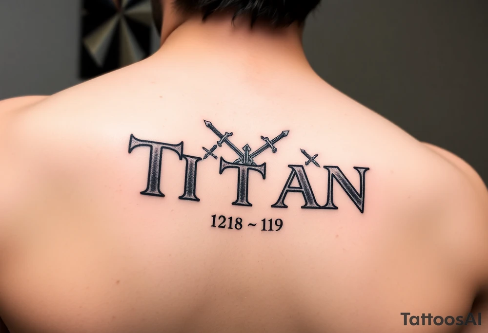 Name ‘Titan’ with birthday, Greek mythology inspired font with mini swords tattoo idea