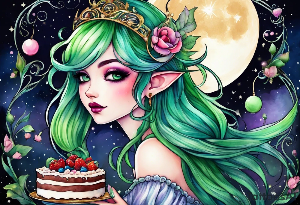 fairy with green hair, eating cake under the moon, tripping balls tattoo idea