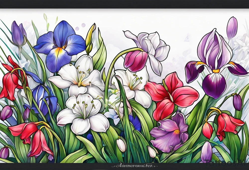 a bouquet of flowers that include a snowdrop, iris, cherry blossom, daisy and morning glory tattoo idea