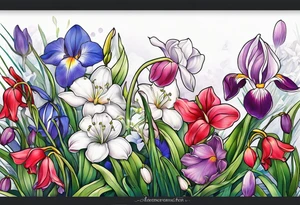 a bouquet of flowers that include a snowdrop, iris, cherry blossom, daisy and morning glory tattoo idea