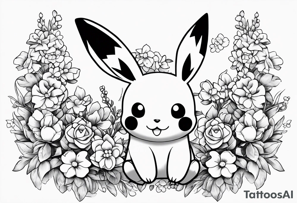 A loose bouquet of forget me knots and cute pikachu at the bottom Holding the bouquet tattoo idea