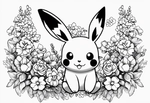 A loose bouquet of forget me knots and cute pikachu at the bottom Holding the bouquet tattoo idea