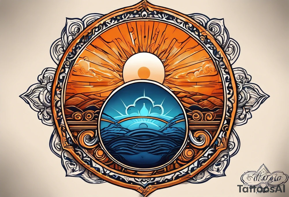 I'd like a tattoo of an orange sun with a blue om symbol superimposed on it. The sun should be behind the ohm symbol. tattoo idea