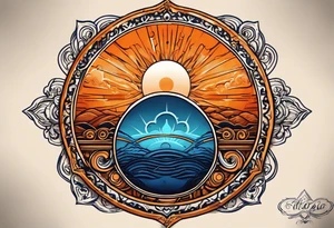 I'd like a tattoo of an orange sun with a blue om symbol superimposed on it. The sun should be behind the ohm symbol. tattoo idea
