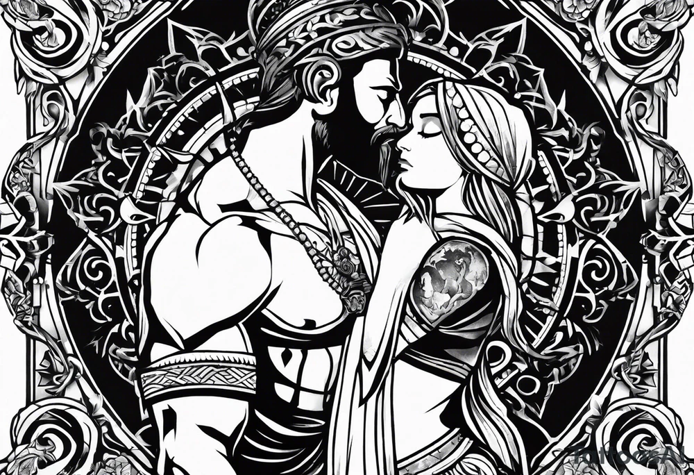 An aesthetic but unpretentious tattoo that is placed on the upper back of a male. It should represent catholic religion, discipline, pain and the love to animals. tattoo idea