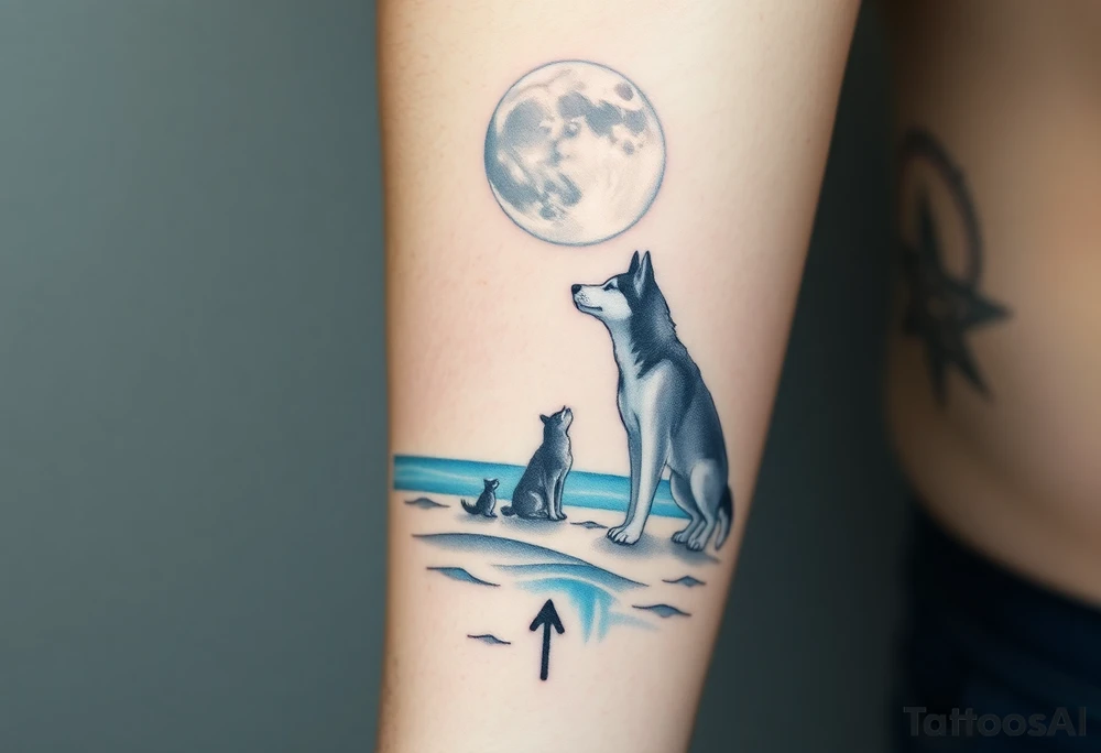 smALL HUSKY LOOKING AT A TRIBAL MOON STANDONG IN THE SAND IN THE SEA WITH THE CONSTALATION OF SAGITARIUS PUT COLOR ADD ARROW tattoo idea