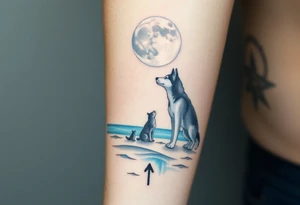 smALL HUSKY LOOKING AT A TRIBAL MOON STANDONG IN THE SAND IN THE SEA WITH THE CONSTALATION OF SAGITARIUS PUT COLOR ADD ARROW tattoo idea