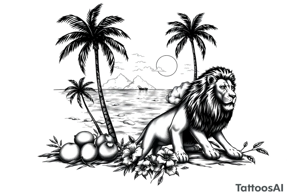 an image that represent jamaican island life with palm trees, ocean, coconuts, lions, and jamaican flag tattoo idea