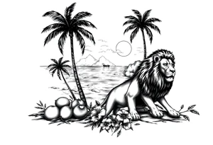 an image that represent jamaican island life with palm trees, ocean, coconuts, lions, and jamaican flag tattoo idea