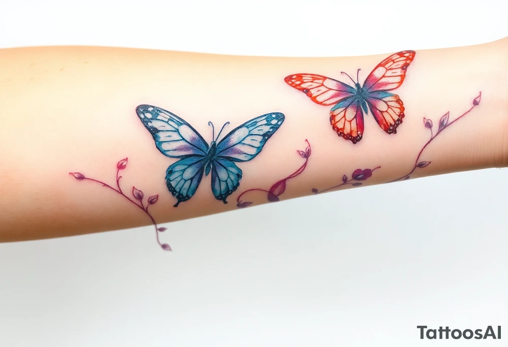 ethereal butterflies with flowing silk ribbons with vines of flowers tattoo idea