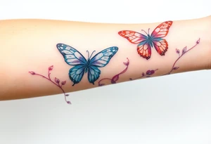 ethereal butterflies with flowing silk ribbons with vines of flowers tattoo idea
