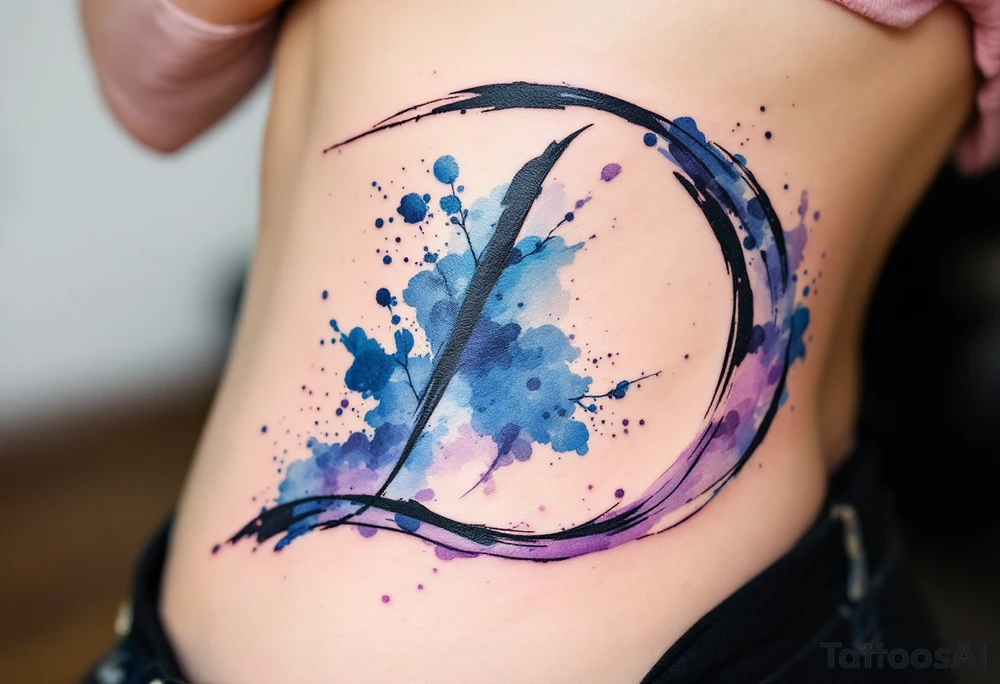 Watercolor Brushstroke D – A bold, free-flowing D painted with vibrant blue and purple watercolor splashes fading outward. tattoo idea