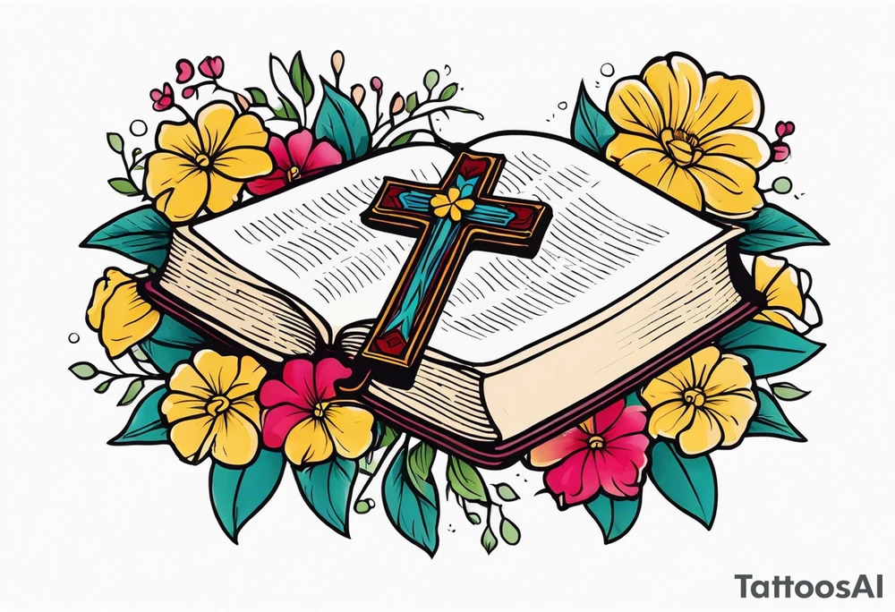 front of bible with cross on bible surrounded by flowers
colorful bold colors tattoo idea