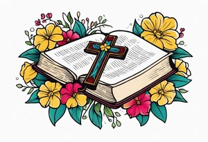 front of bible with cross on bible surrounded by flowers
colorful bold colors tattoo idea