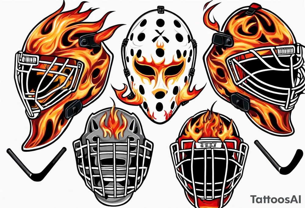 a goalie mask with crossed hockey sticks and flames that says "SHOT HOCKEY" tattoo idea
