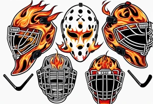 a goalie mask with crossed hockey sticks and flames that says "SHOT HOCKEY" tattoo idea