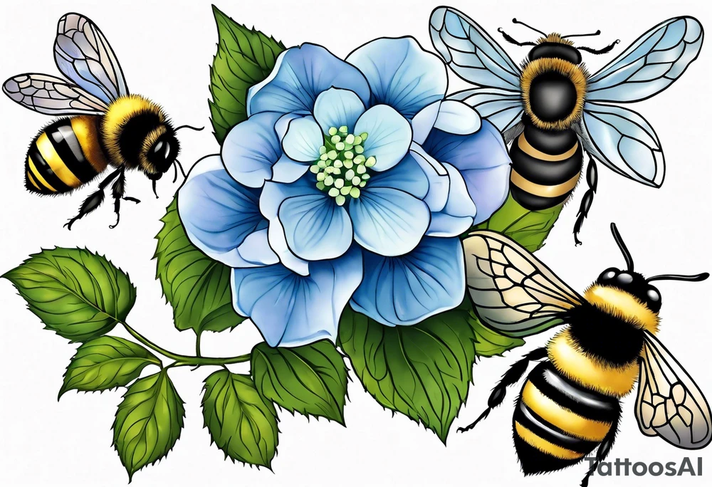 Small tattoo. There’s a hydrangea and a bee but they are not touching. Make the bee smaller than the hydrangea and have the bee off to the side. Bee is smaller than the hydrangea tattoo idea