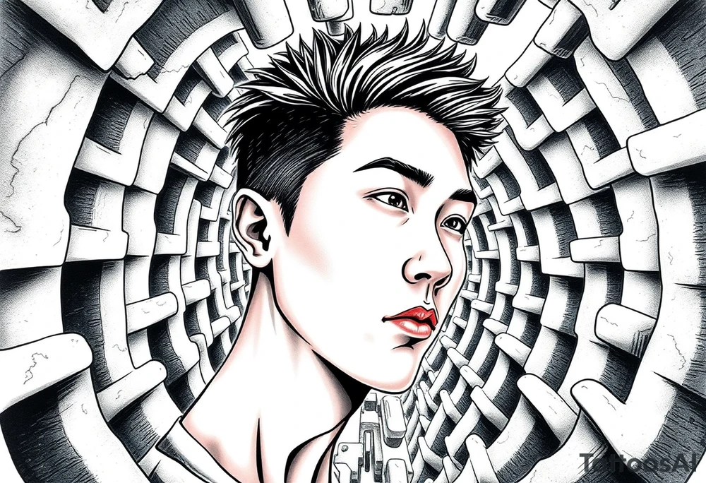 Handsome Asian young guy lost in a nightmarish labyrinth tattoo idea