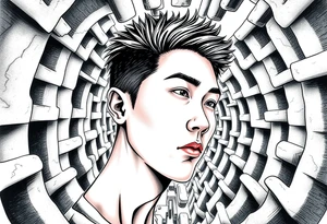 Handsome Asian young guy lost in a nightmarish labyrinth tattoo idea