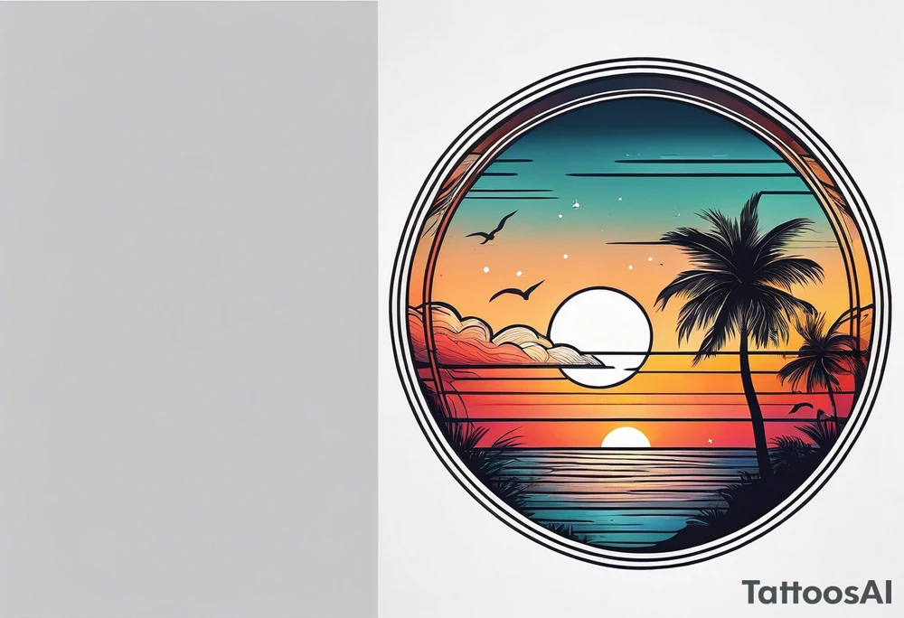 Circle shape, inside sunset and ocean drawing with retro look tattoo idea