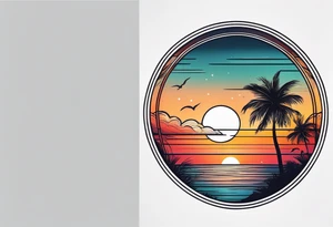 Circle shape, inside sunset and ocean drawing with retro look tattoo idea