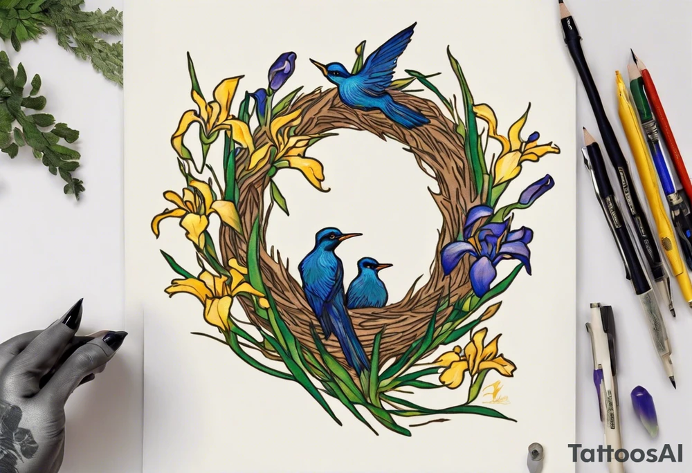 Create a colorful, small Vincent van Gogh Irises tattoo with a nest and bird. The tattoo should take the form of a crescent, with vines gracefully intertwining at a central point in the middle of the wreath. Ensure that the design avoids the appearance of a bush and maintains a more structured and deliberate arrangement. The intended placement is on the upper chest. The overall design should be small in size while maintaining a delicate and artistic aesthetic. Pay attention to the graceful flow of the vines and the placement of the irises to achieve a refined and elegant look tattoo idea